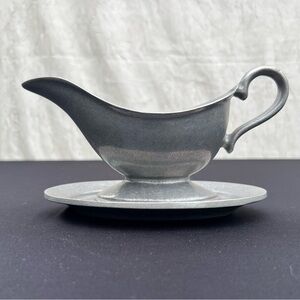 VTG Pewter Gravy Boat With Oval Saucer Farmhouse Rustic Serving Pitcher Creamer
